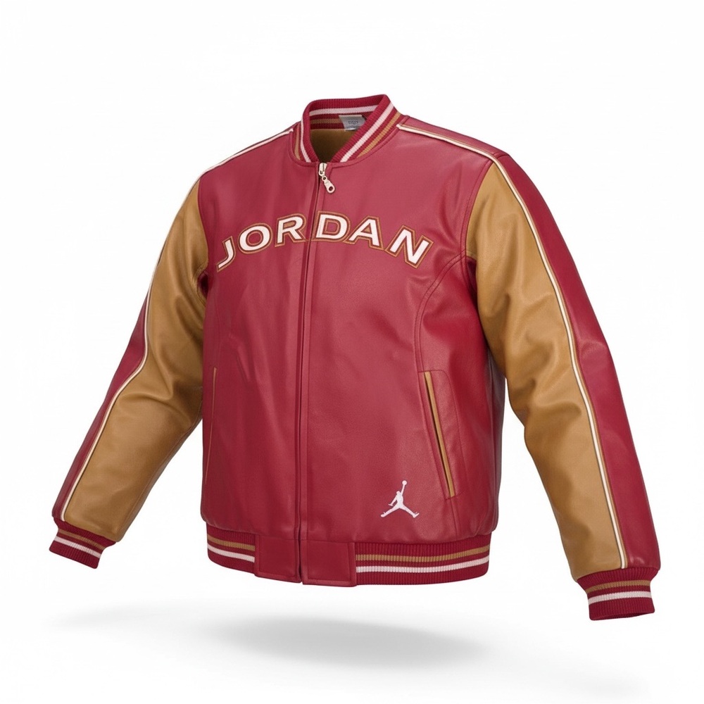 Rare Michael Jordan #23 Faux Leather Zip-Up Varsity Jacket Red Gold‎ Basketball
